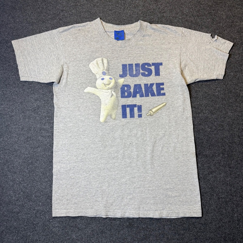 Vintage 90s Single stitch Pillsbury Doughboy T-Shirt Mens L Gray Just Bake It